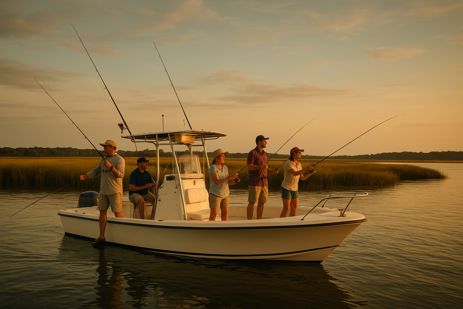 Group aboard a private fishing charter boat near Myrtle Beach casting lines at sunset