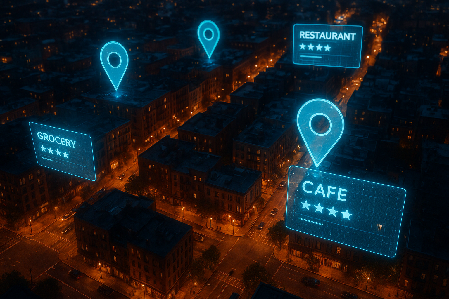 GEO optimization for local search visualized as AI-powered location pins over a city neighborhood at dusk