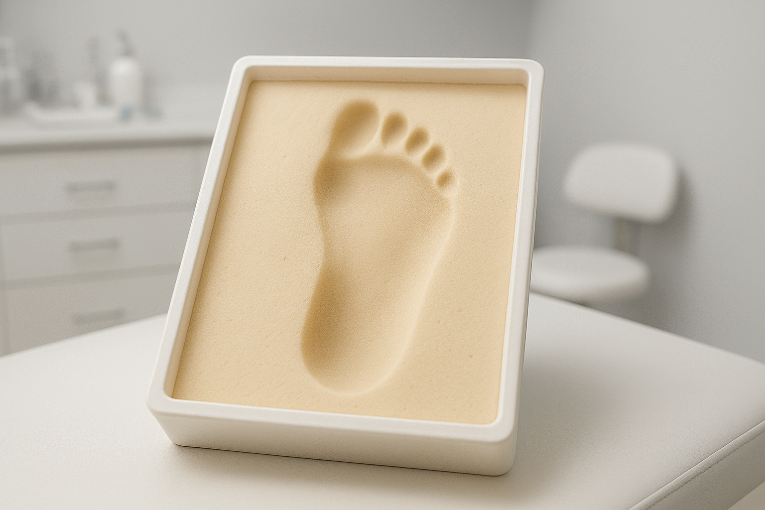 Foam impression box used to capture a custom mold of the foot for orthotic fabrication