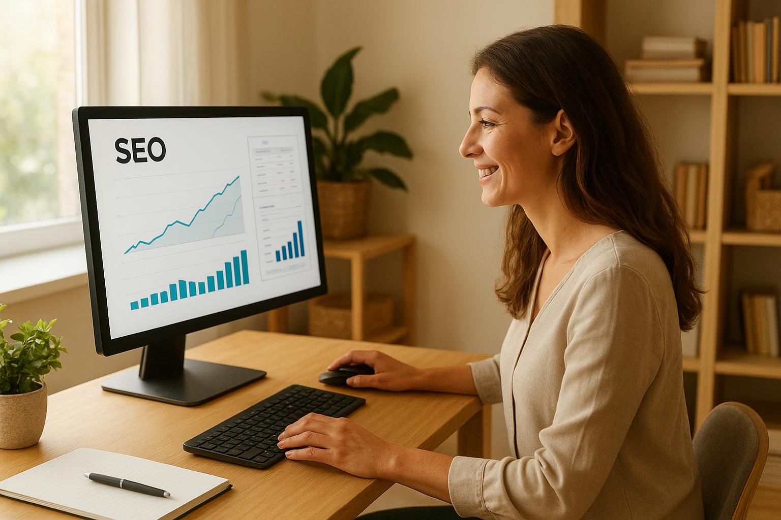 Small business owner reviewing rankings improved by automated SEO software