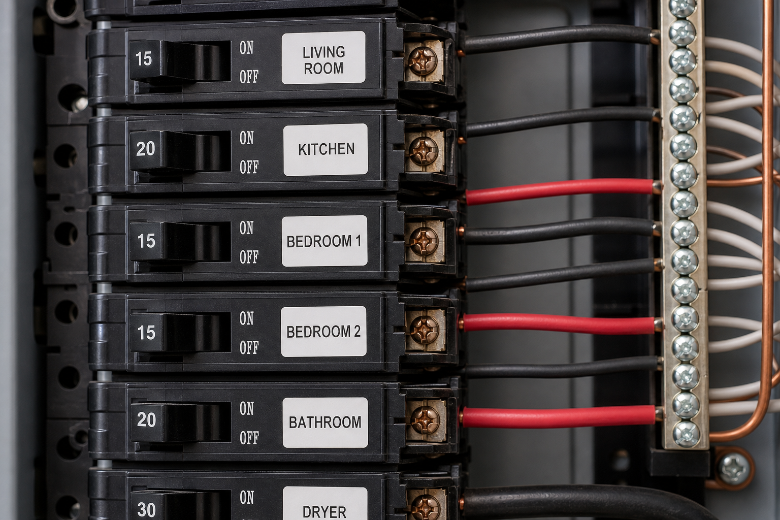 labeled breakers and wiring inside a residential circuit breaker panel