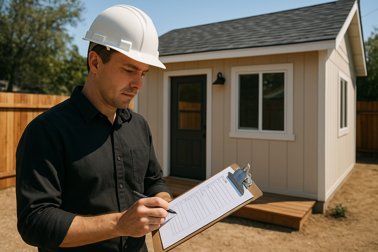 Building inspector reviewing final ADU inspection coordination checklist outside a backyard unit