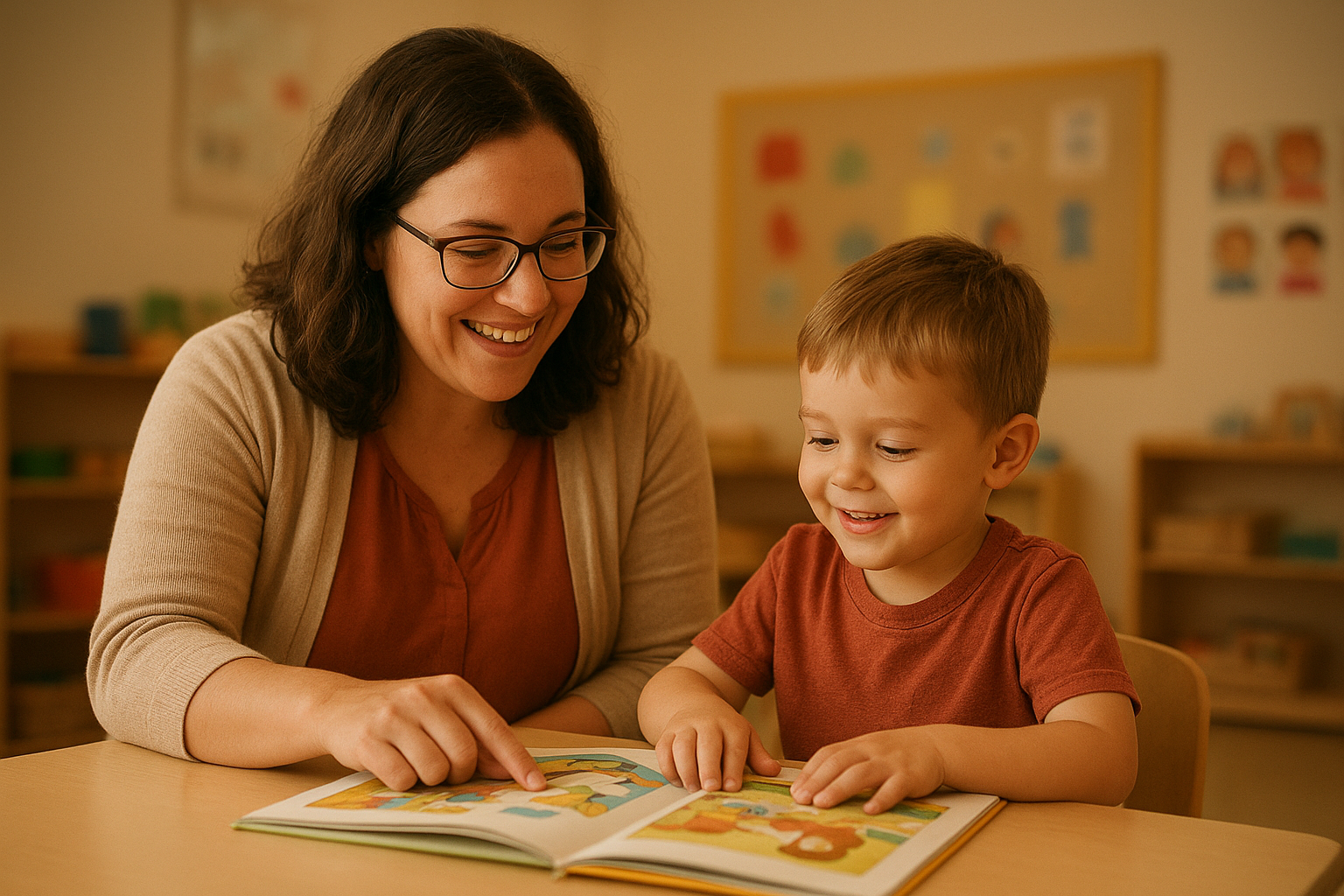 Adult modeling target sounds while reading a sound-loaded story with a young child