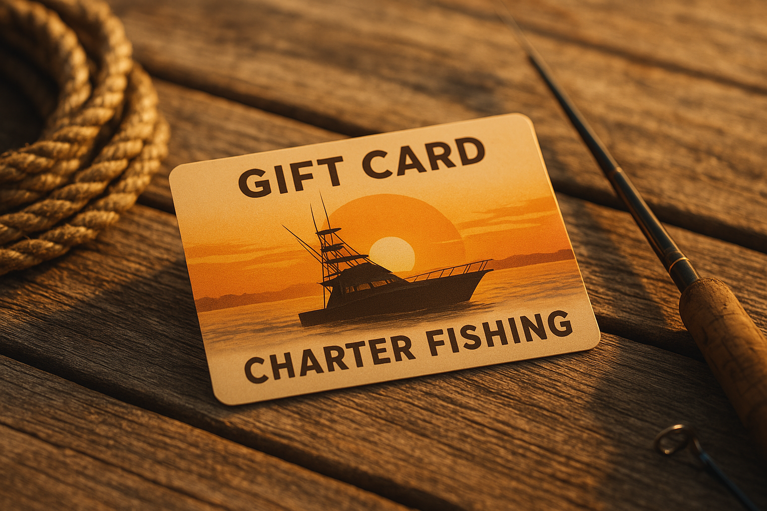 Fishing charter gift card Myrtle Beach design resting on a wooden marina dock