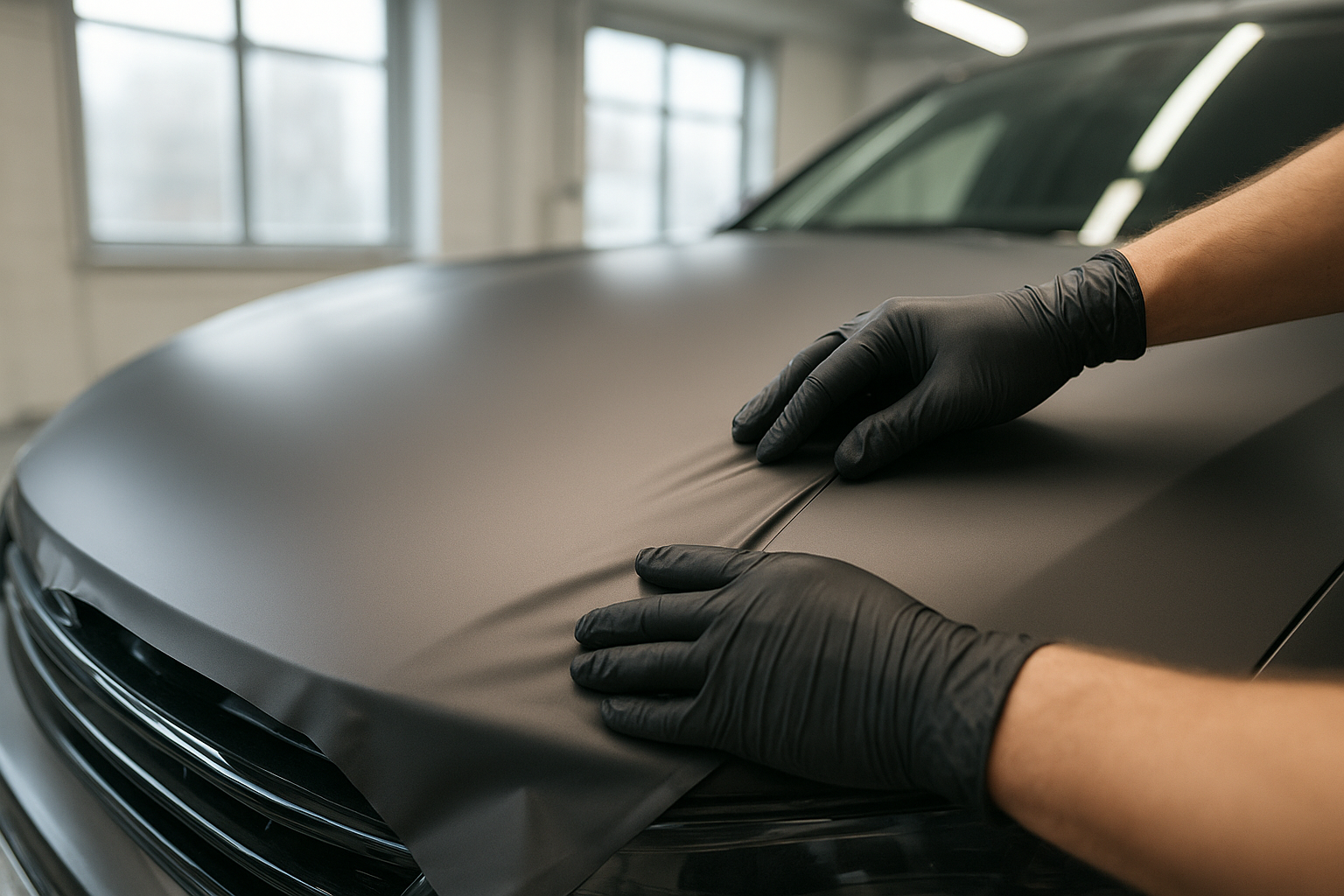 Technician applying vinyl wrap at an OC wrap shop garage