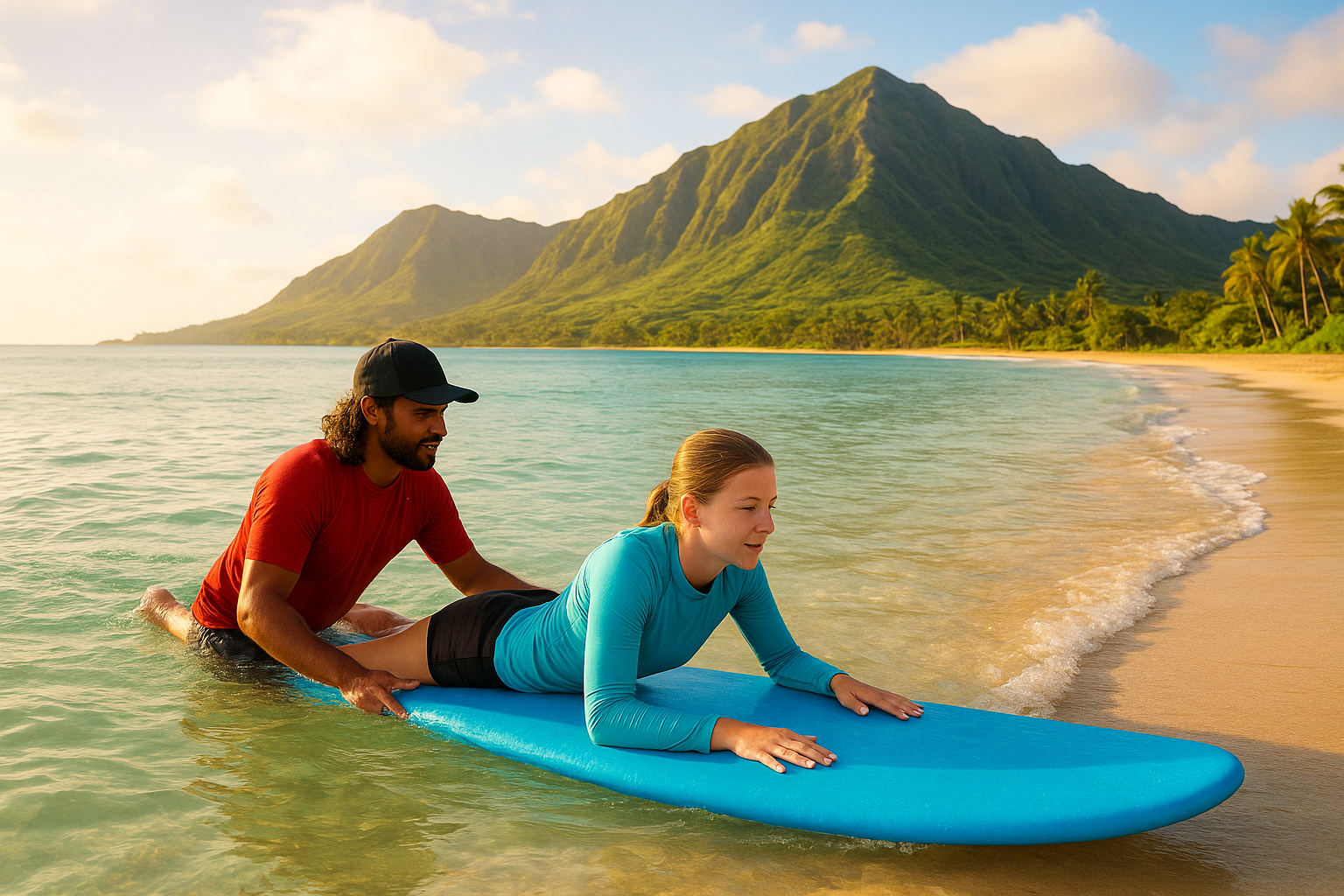 Surf instructor teaching a beginner how much surfing lessons in Hawaii involve on a calm beach