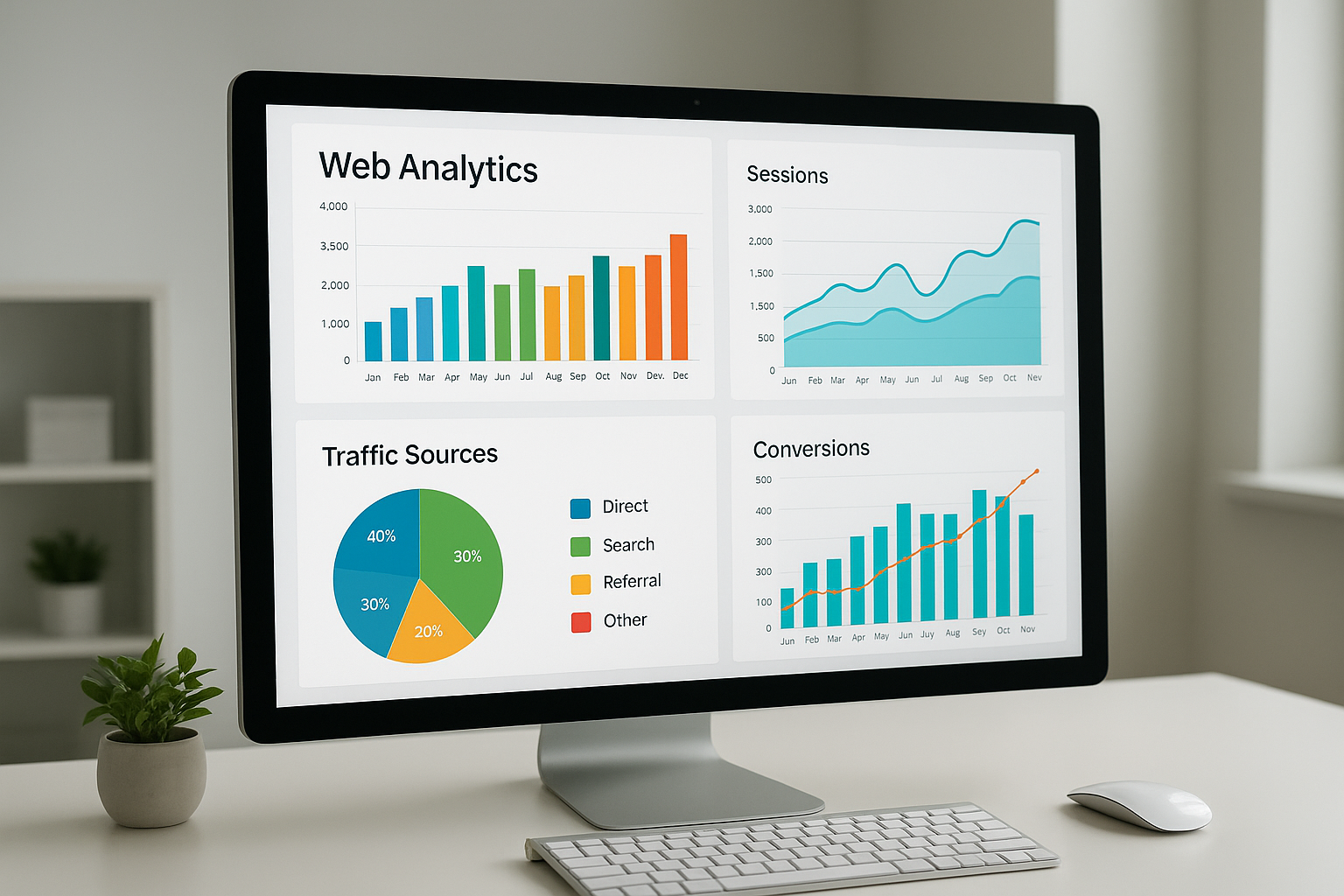 Web analytics dashboard showing how to lookup website traffic with charts and metrics