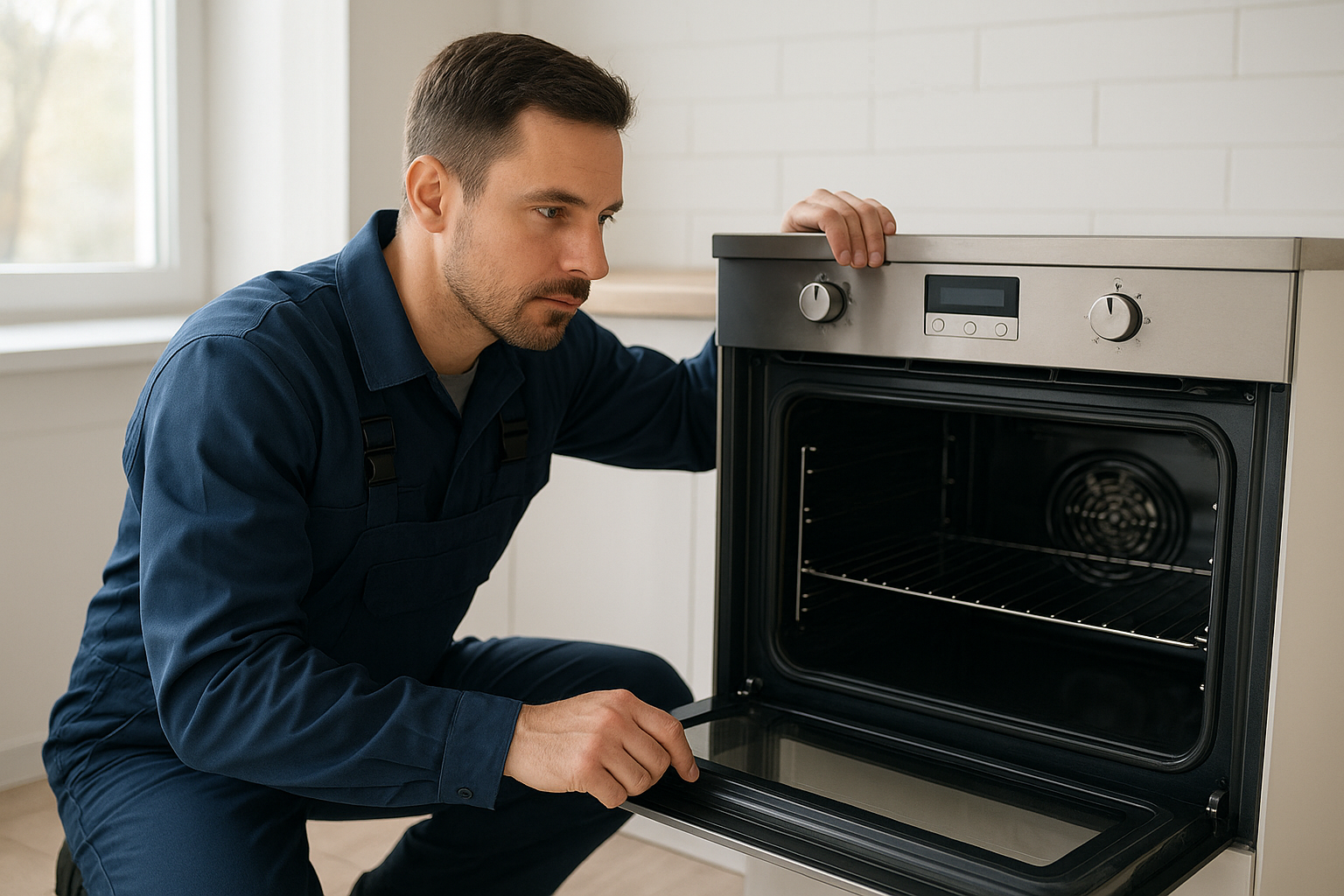 Technician performing kitchen appliance repair on an oven in a modern home