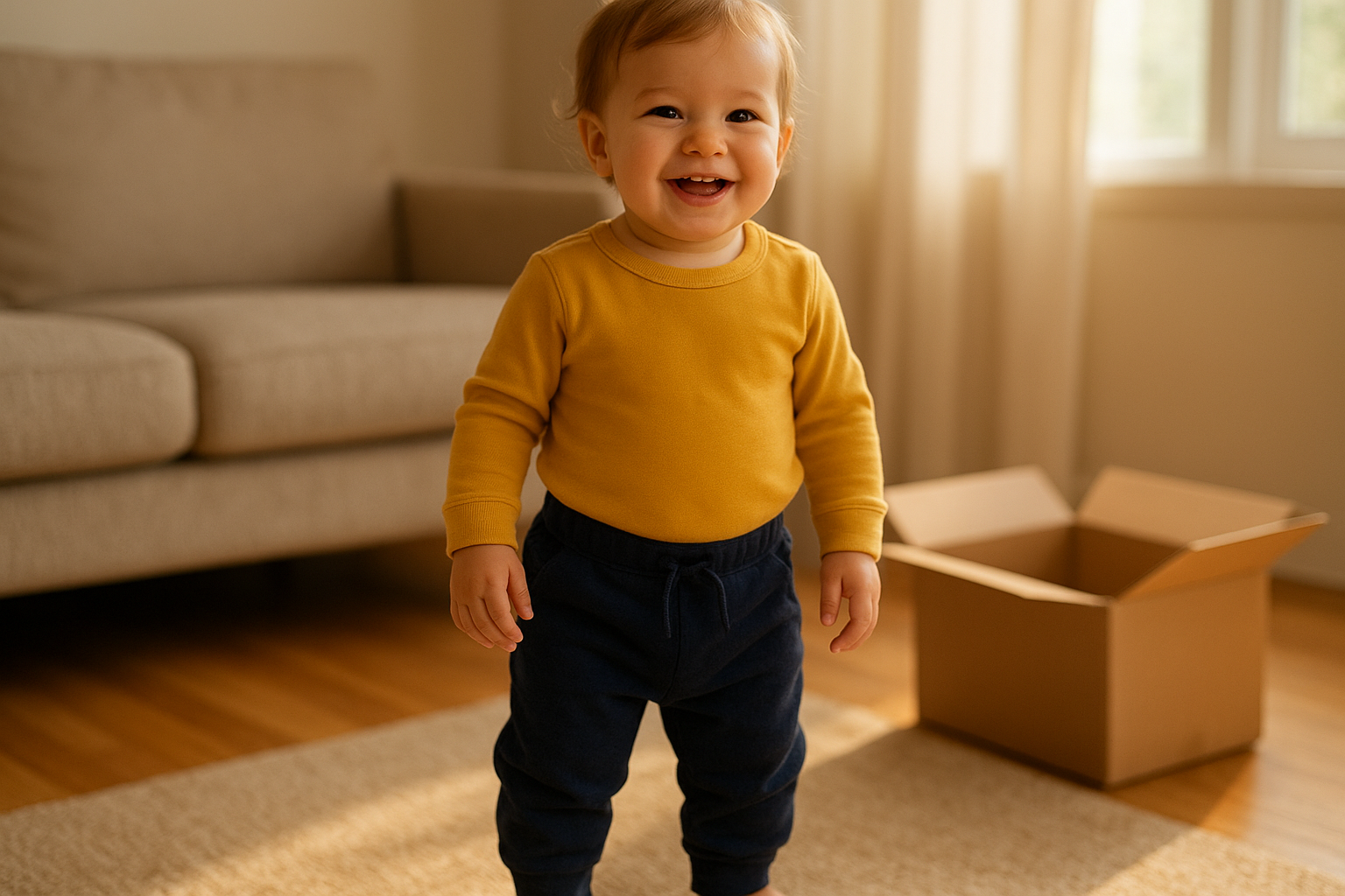 Happy toddler wearing a curated outfit from a kids clothing subscription delivery