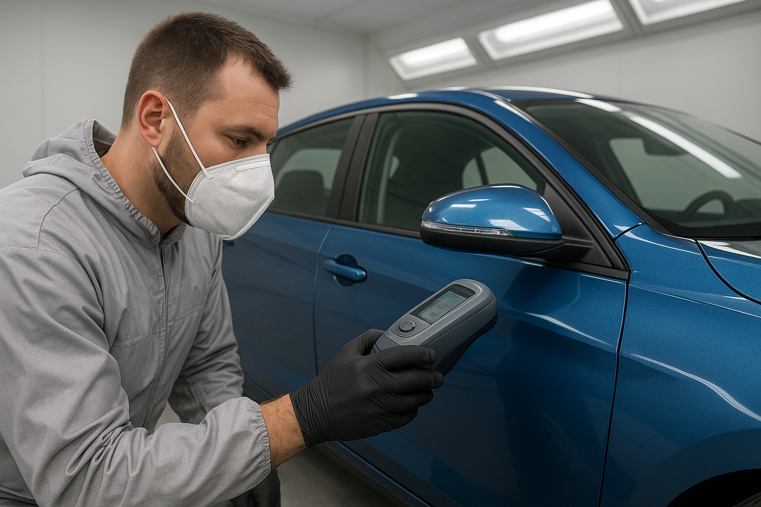Color matching in a paint booth at an insurance approved body shop in Brea