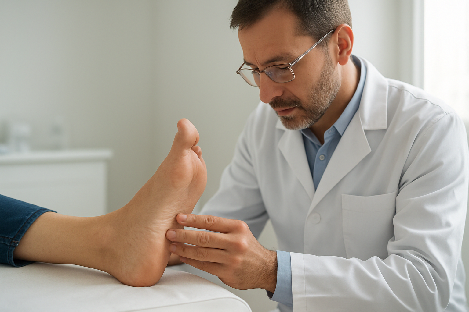 Podiatrist assessing a patient's foot arch before fitting custom foot orthotics for arch support