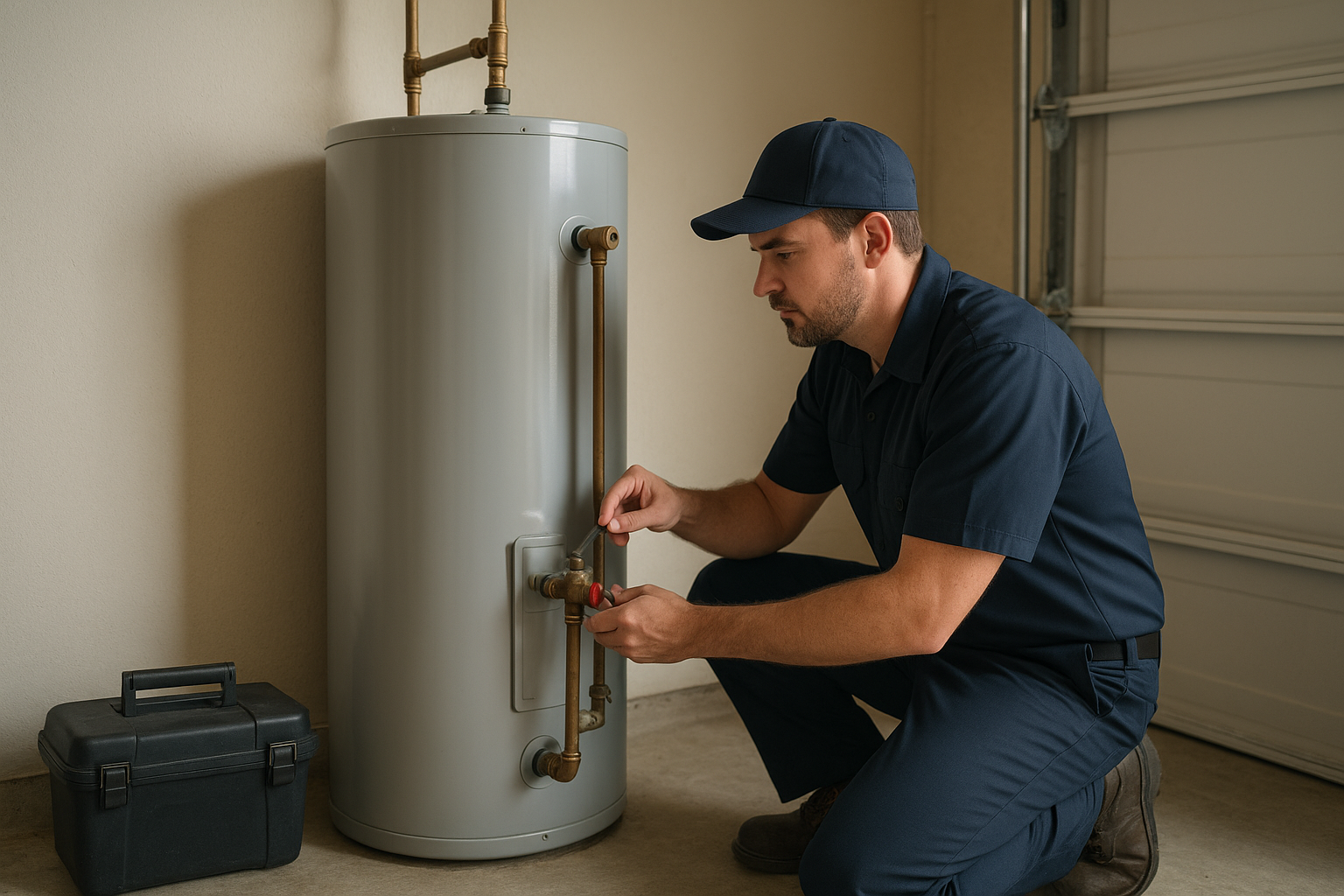 4ddc7115_water-heater-inspection-terrell Plumber inspecting a residential water heater in a Terrell Texas home