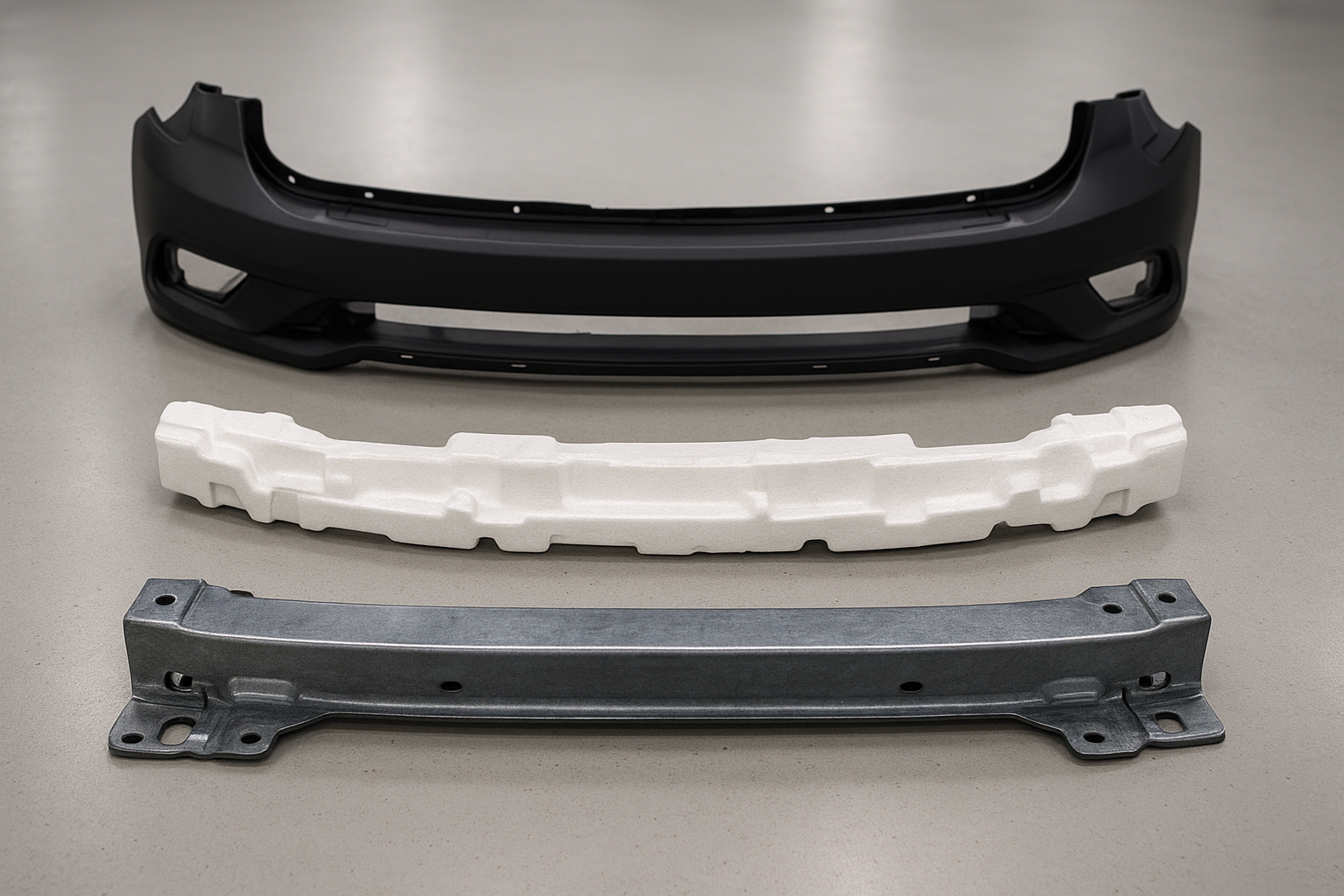 Disassembled vehicle bumper showing the bumper reinforcement bar, foam absorber, and plastic cover