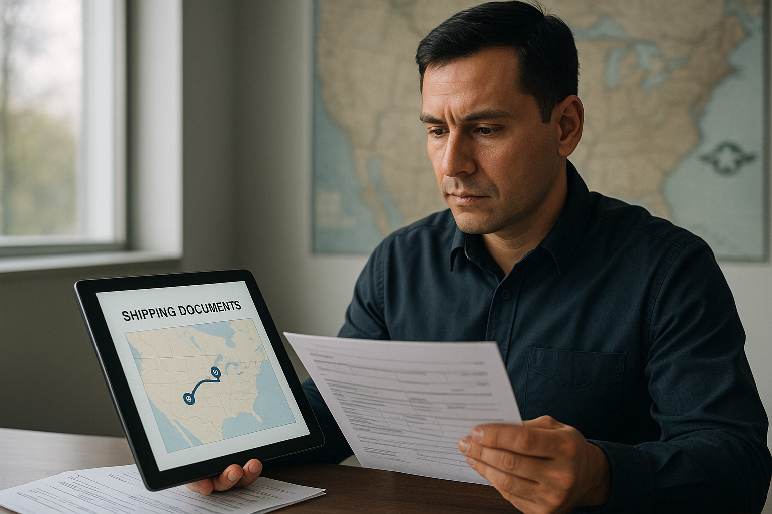 Logistics coordinator reviewing compliance documents for a military freight shipment