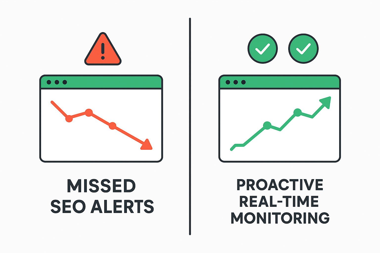 Infographic comparing the impact of delayed SEO reporting versus proactive real-time SEO tracking