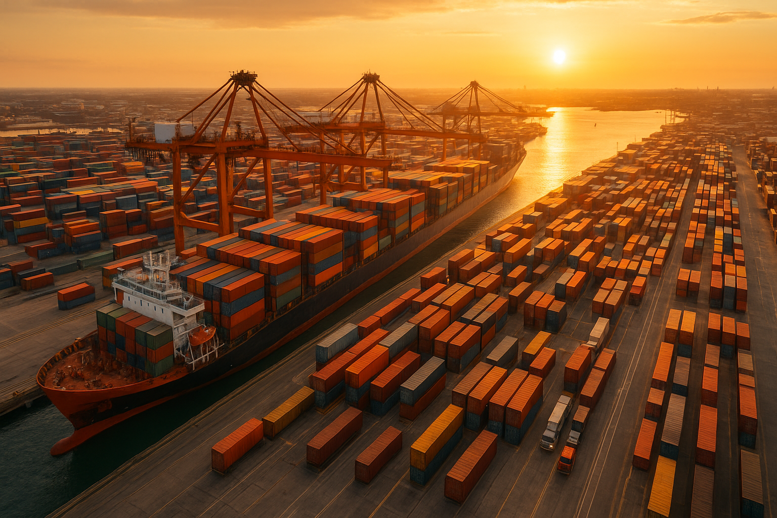 Aerial view of an international shipping port where cargo tracking begins at container loading