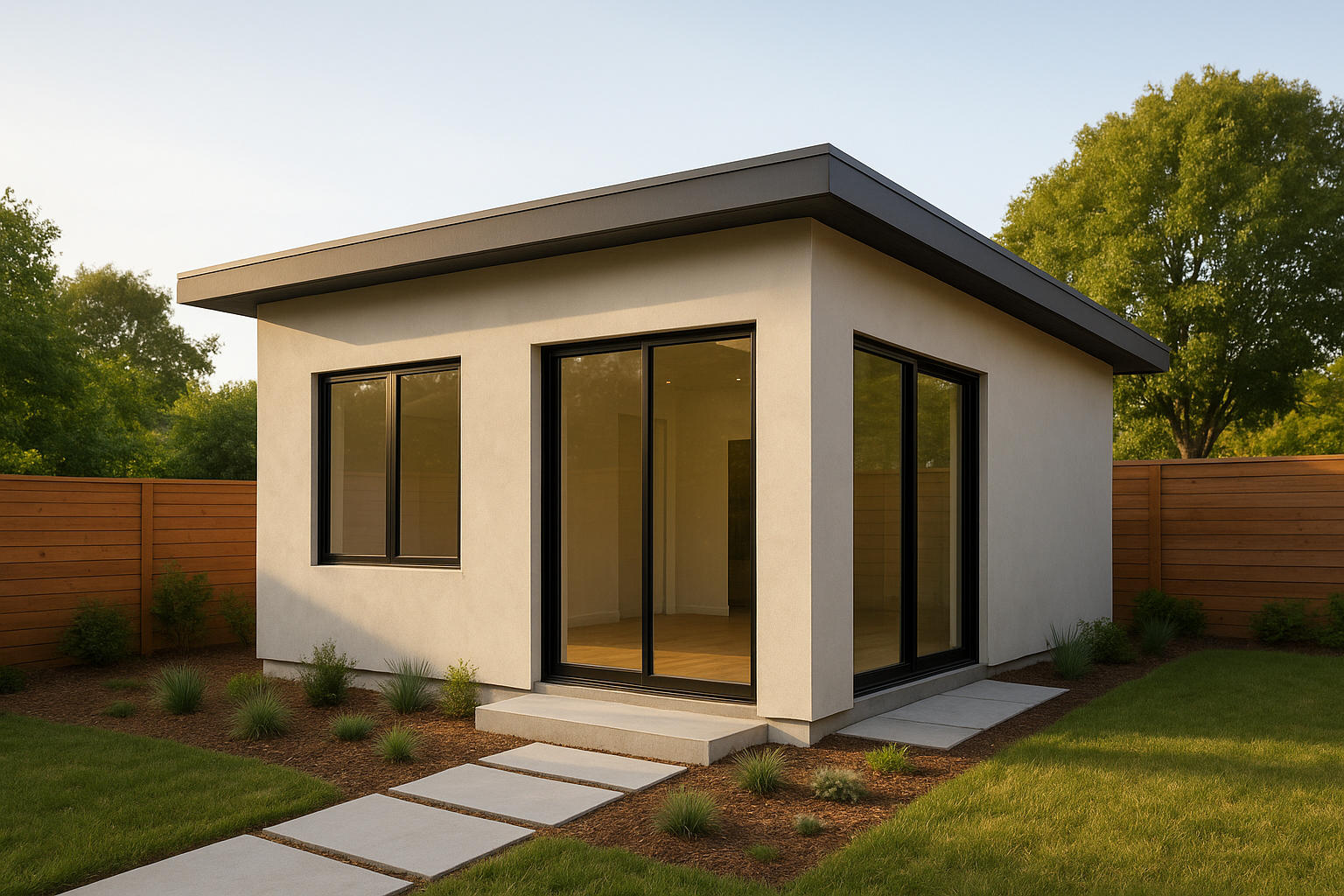 Finished detached ADU exterior built by a custom ADU builder in a Southern California backyard