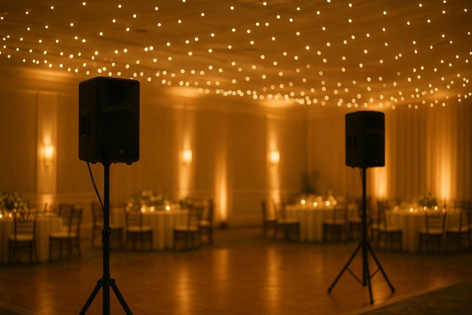 AV equipment for weddings set up in a reception hall with uplighting and speakers
