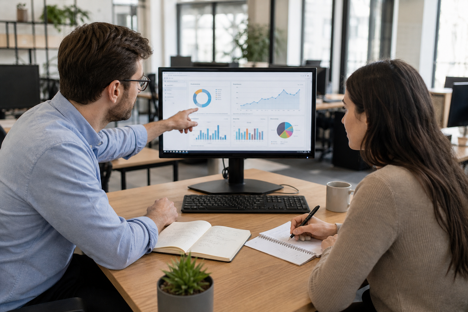 Two marketers reviewing campaign outreach progress on a dashboard screen