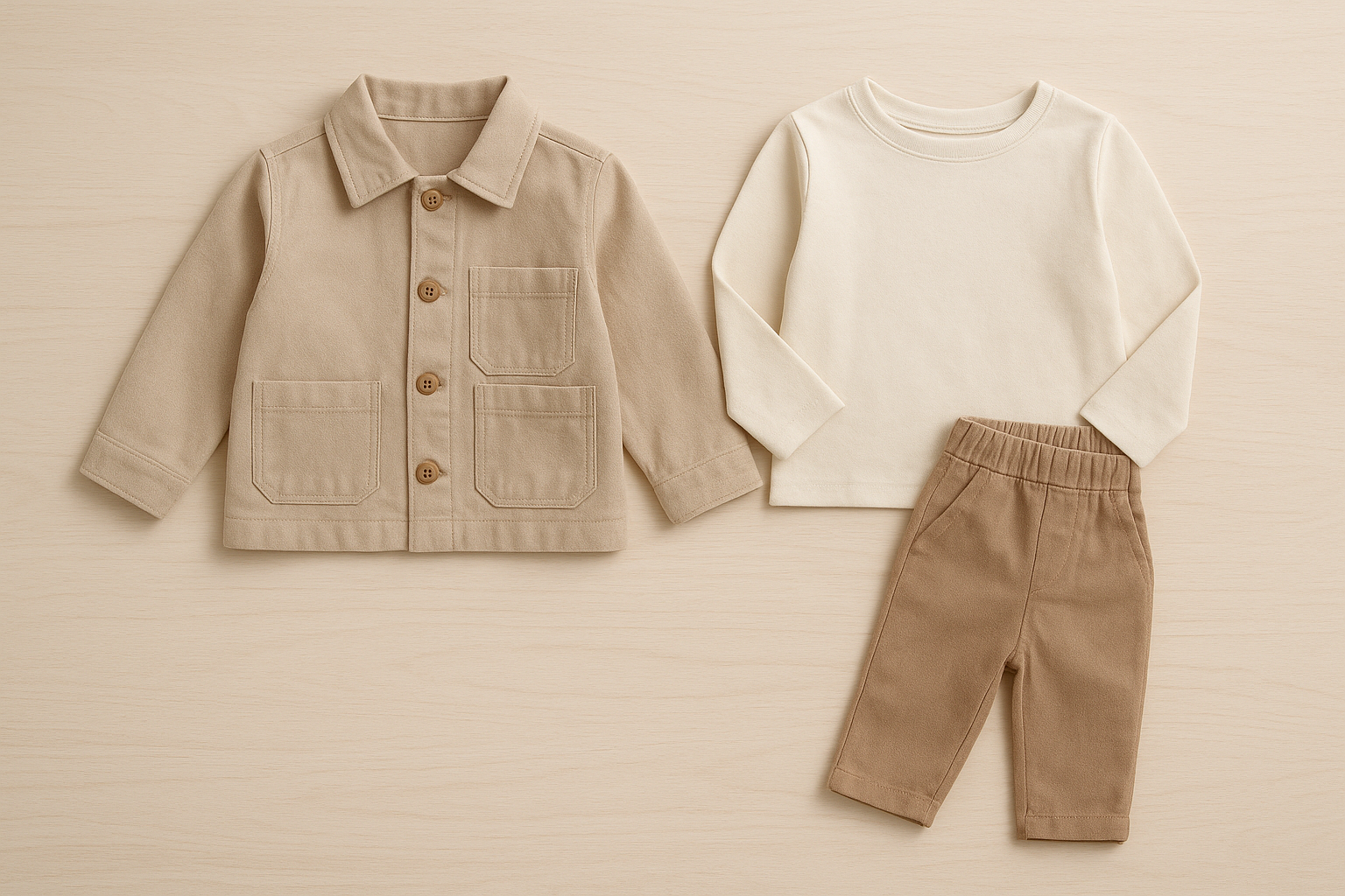 Flat lay of coordinated neutral children's outfits representing budget-friendly kids clothing