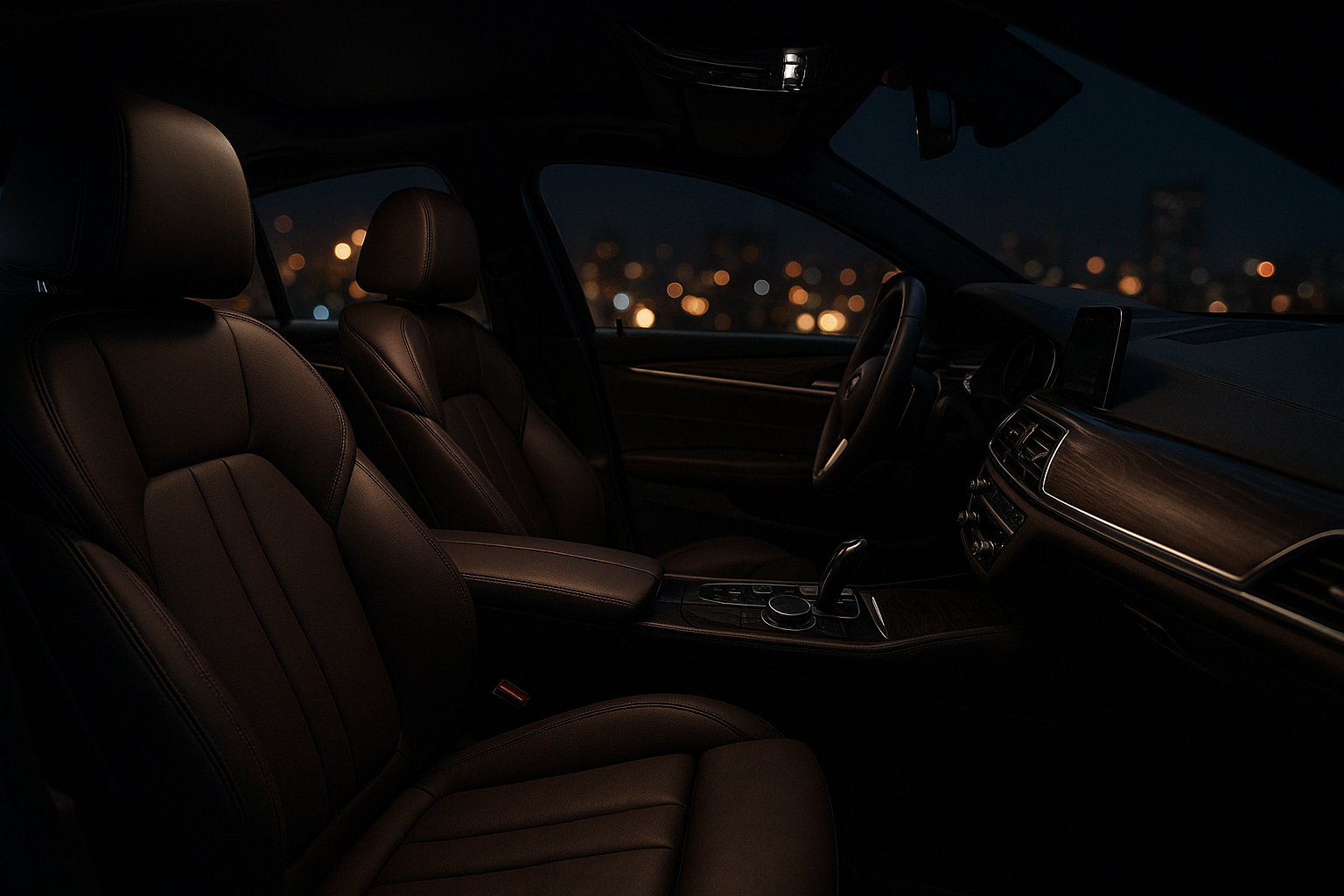 Interior of a private chauffeured sedan during a nighttime ride to an event