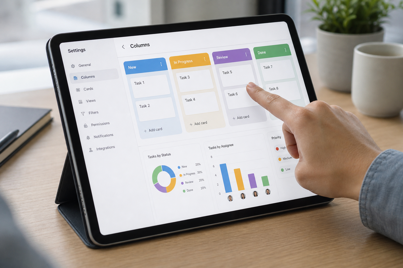 Office manager customizing CRM pipeline stages on a tablet device