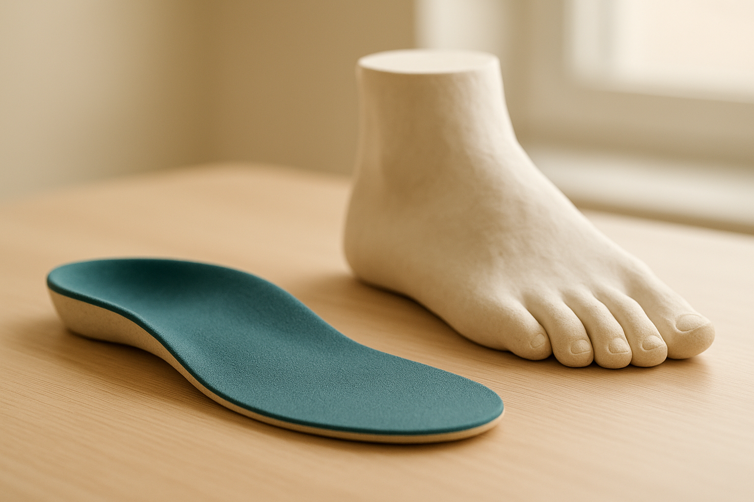 Custom pain relief foot devices shown as orthotic insoles next to a foot mold