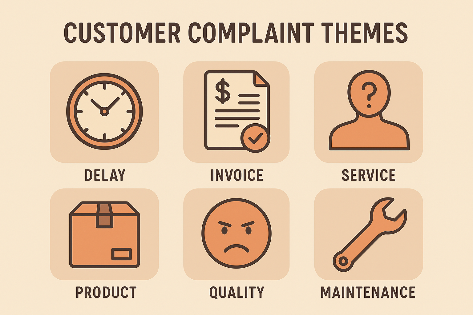 Six icons representing common home service complaint themes used in competitor review analysis
