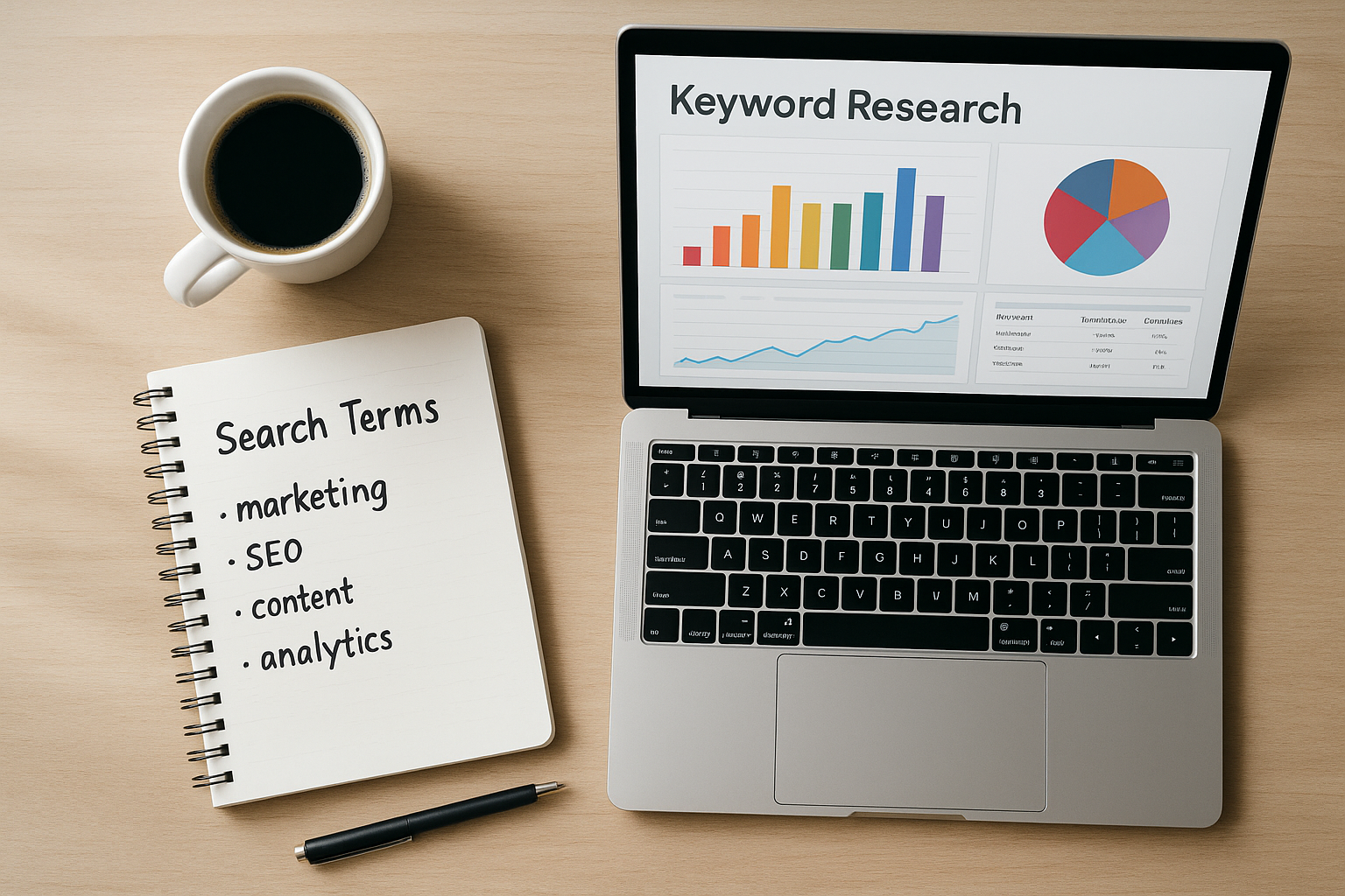 Keyword research process shown on a laptop dashboard with notes on a desk