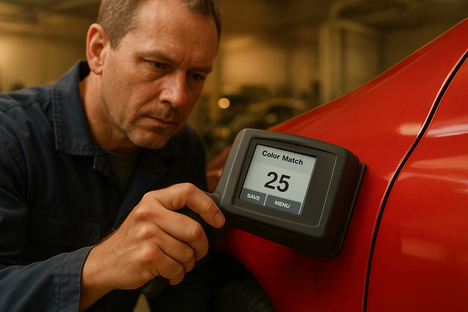 Auto body technician using advanced paint matching technology for orange body shop collision repair
