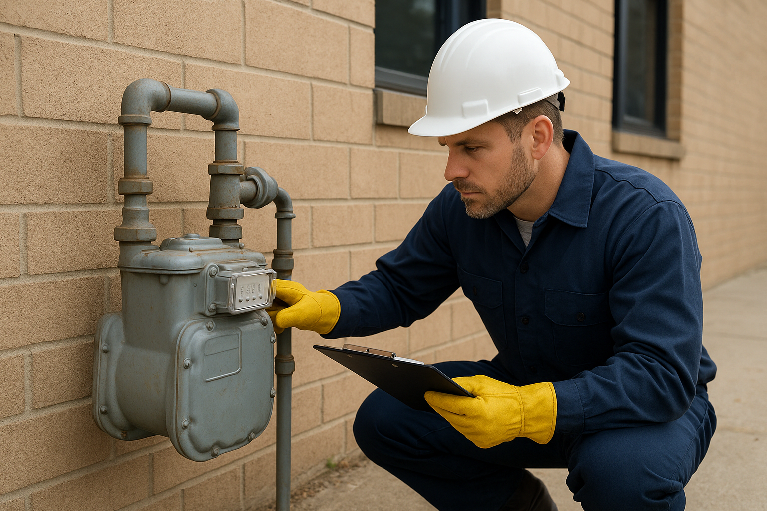 4ed76da4_gas-line-certified-plumber-terrell Certified plumber inspecting a natural gas line connection at a Terrell TX commercial property