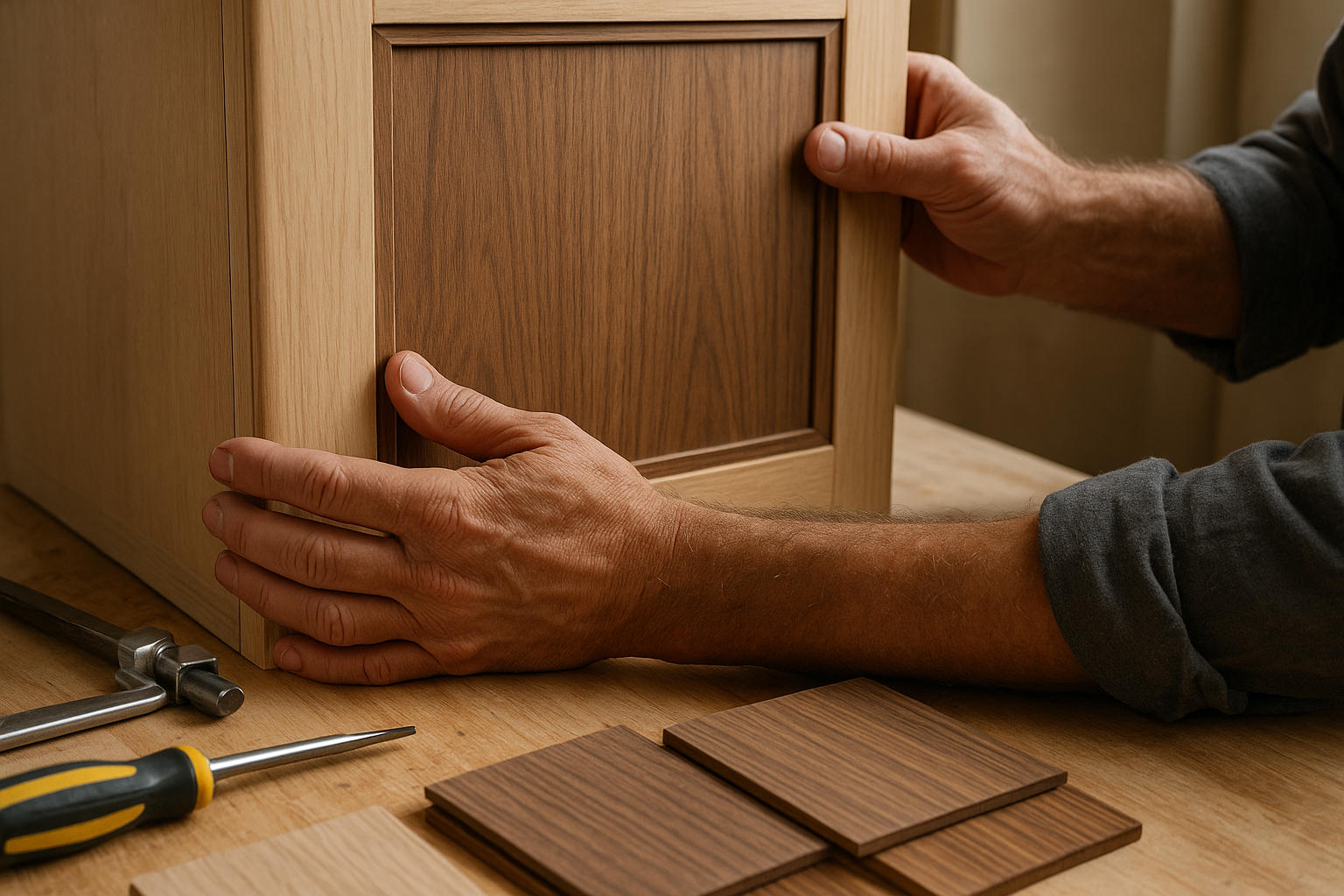Contractor installing new veneer panel during a fast cabinet refacing project