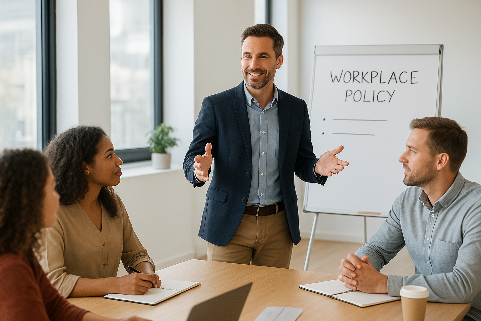 Manager training employees on workplace policy as part of hr compliance best practices