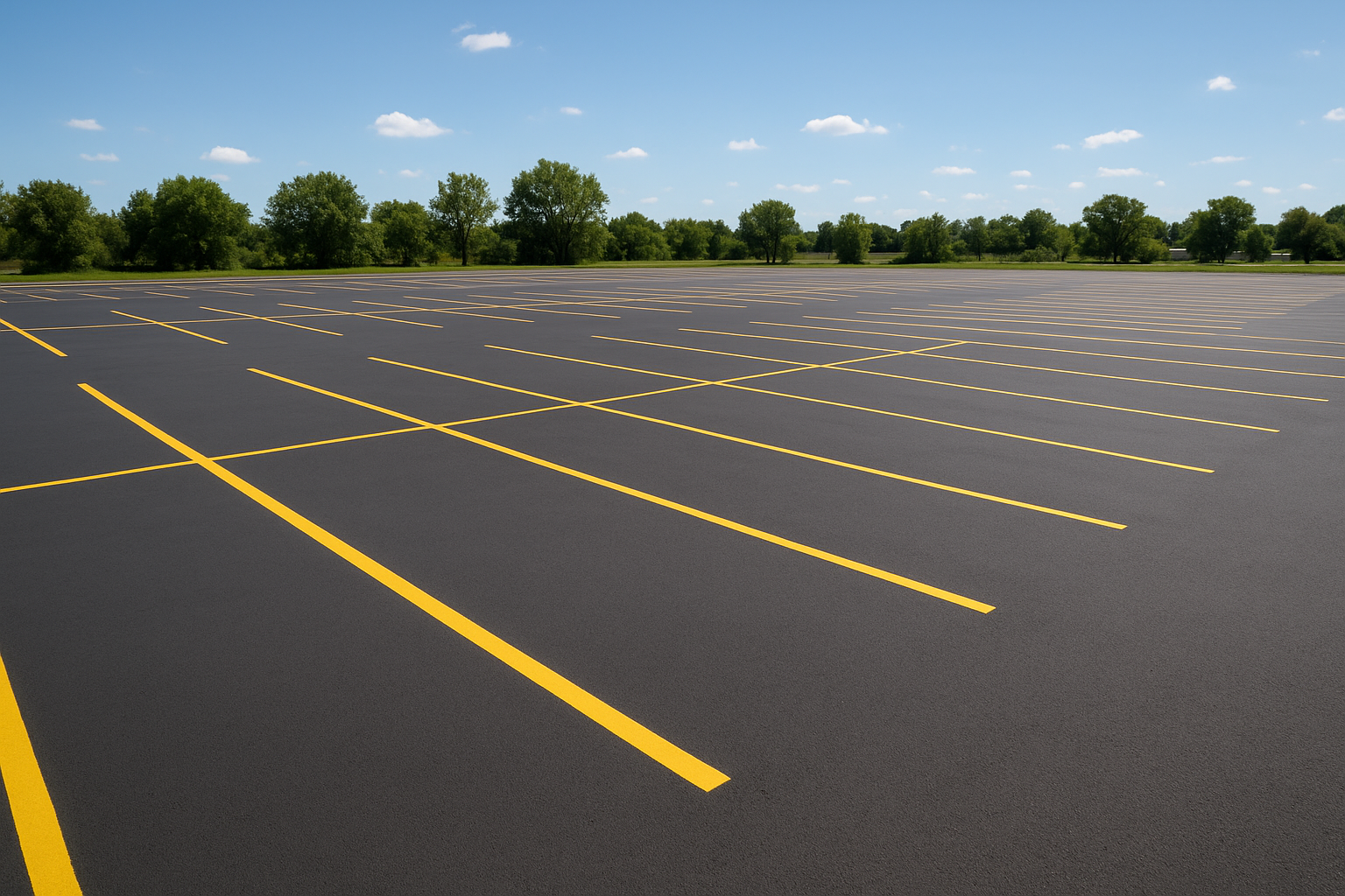 Newly painted stripes on a commercial parking lot, an example of quality commercial property parking lot maintenance