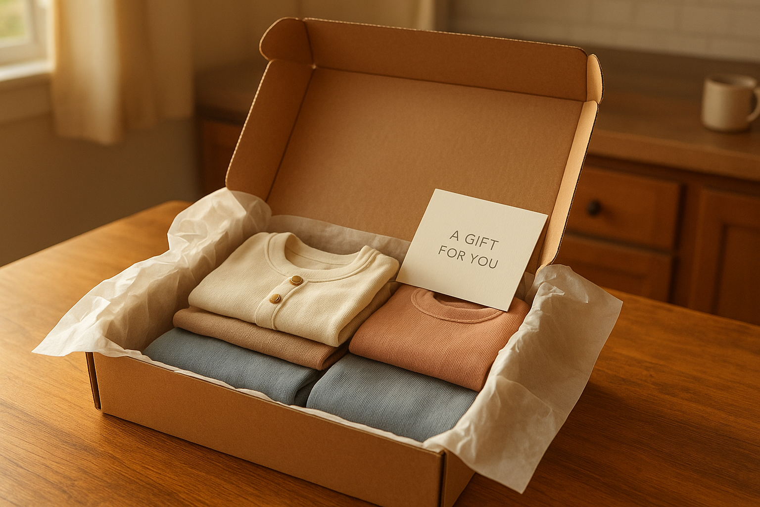 Children's clothing rental subscription box open on a table with neatly folded premium kids' garments inside
