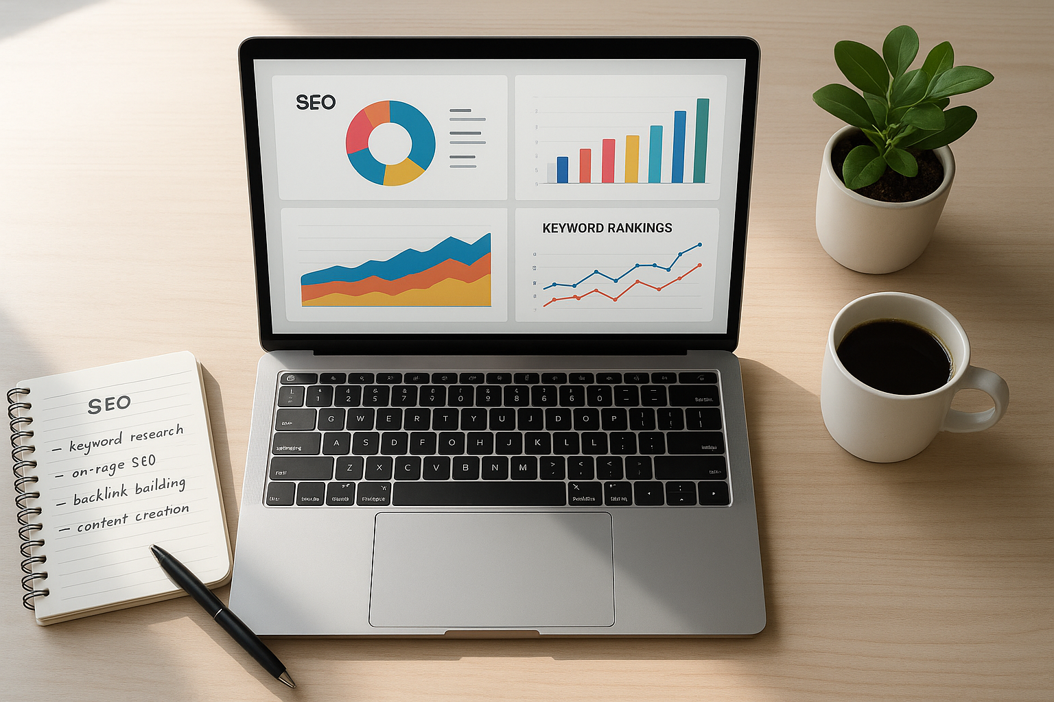 Laptop showing affordable SEO tools dashboard with keyword ranking charts on a clean wooden desk