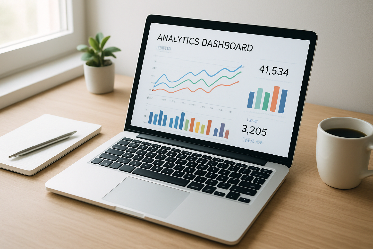 Laptop screen showing a website traffic analytics dashboard with visitor graphs
