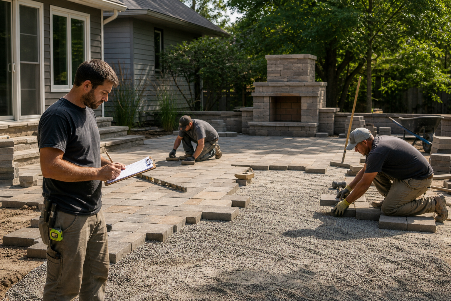 Hardscape crew installing pavers while tracking material usage for job cost accuracy