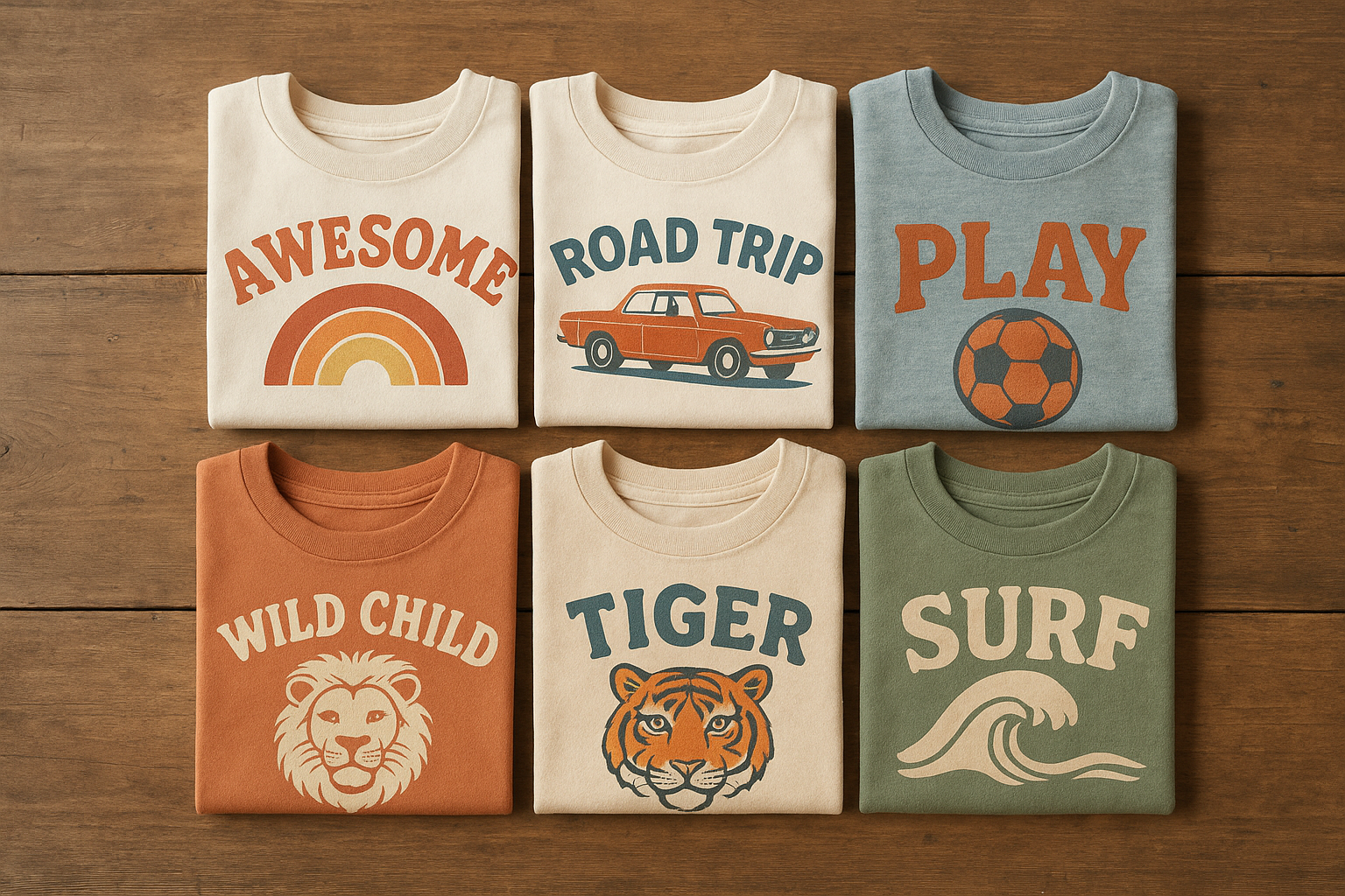 Folded collection of vintage-inspired children's t-shirts in assorted designs
