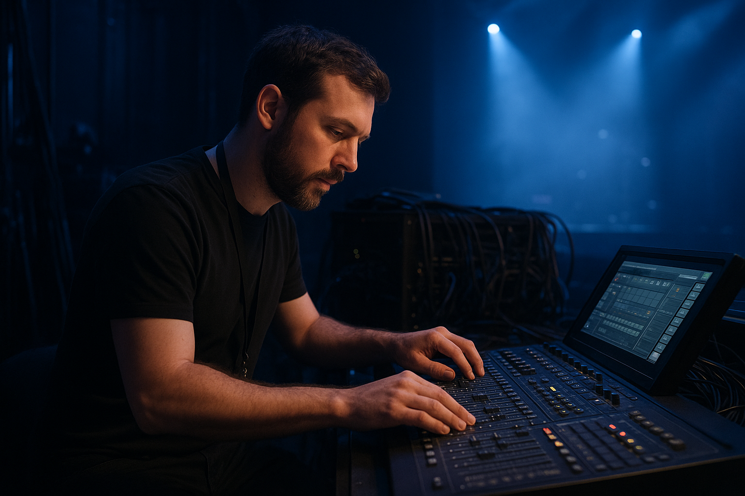 AV technician adjusting sound and lighting equipment before an Evansville event