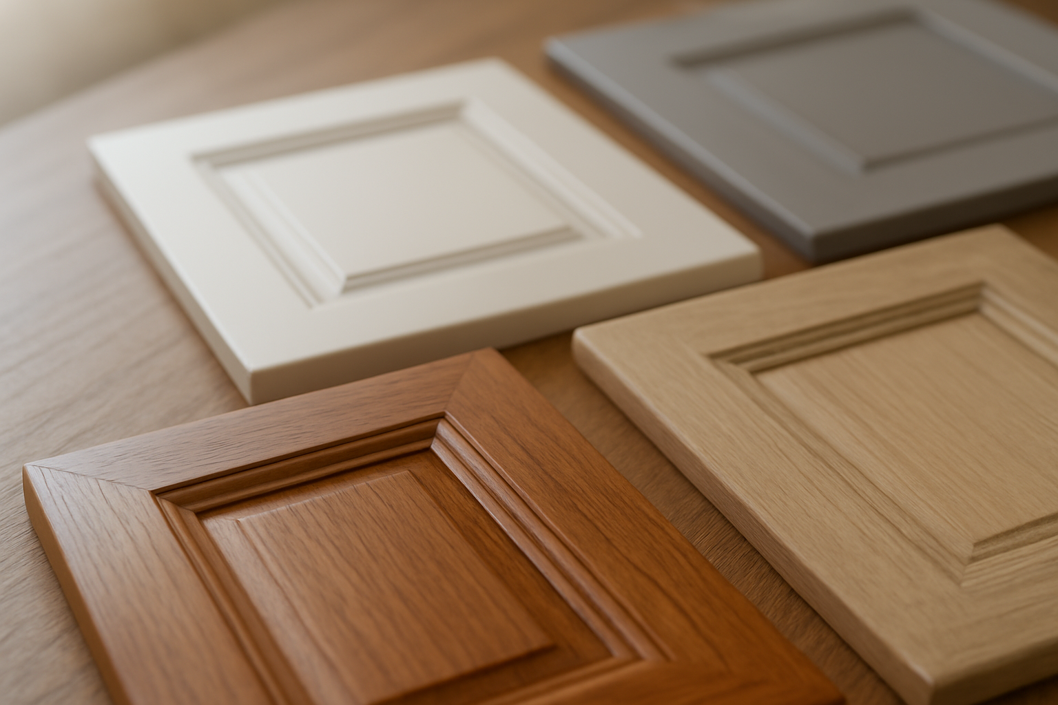 Cabinet door finish samples showing wood veneer and painted options for a kitchen refresh