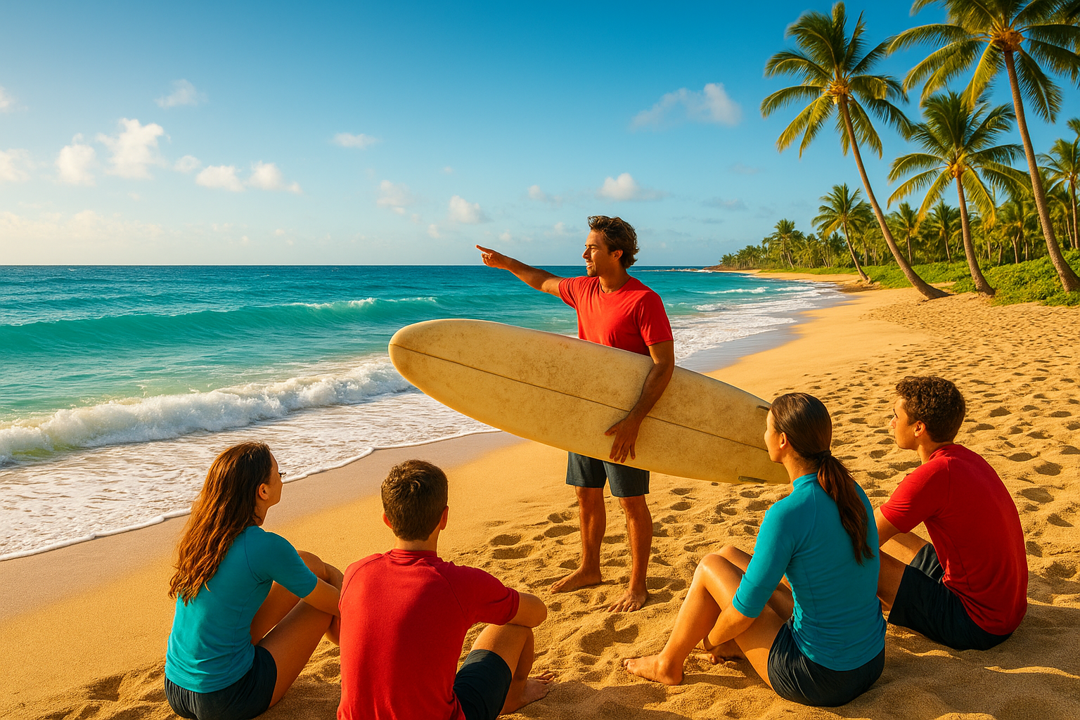 Surf instructor explaining how much surfing lessons in Hawaii cost to a group of beginners on a sunny beach
