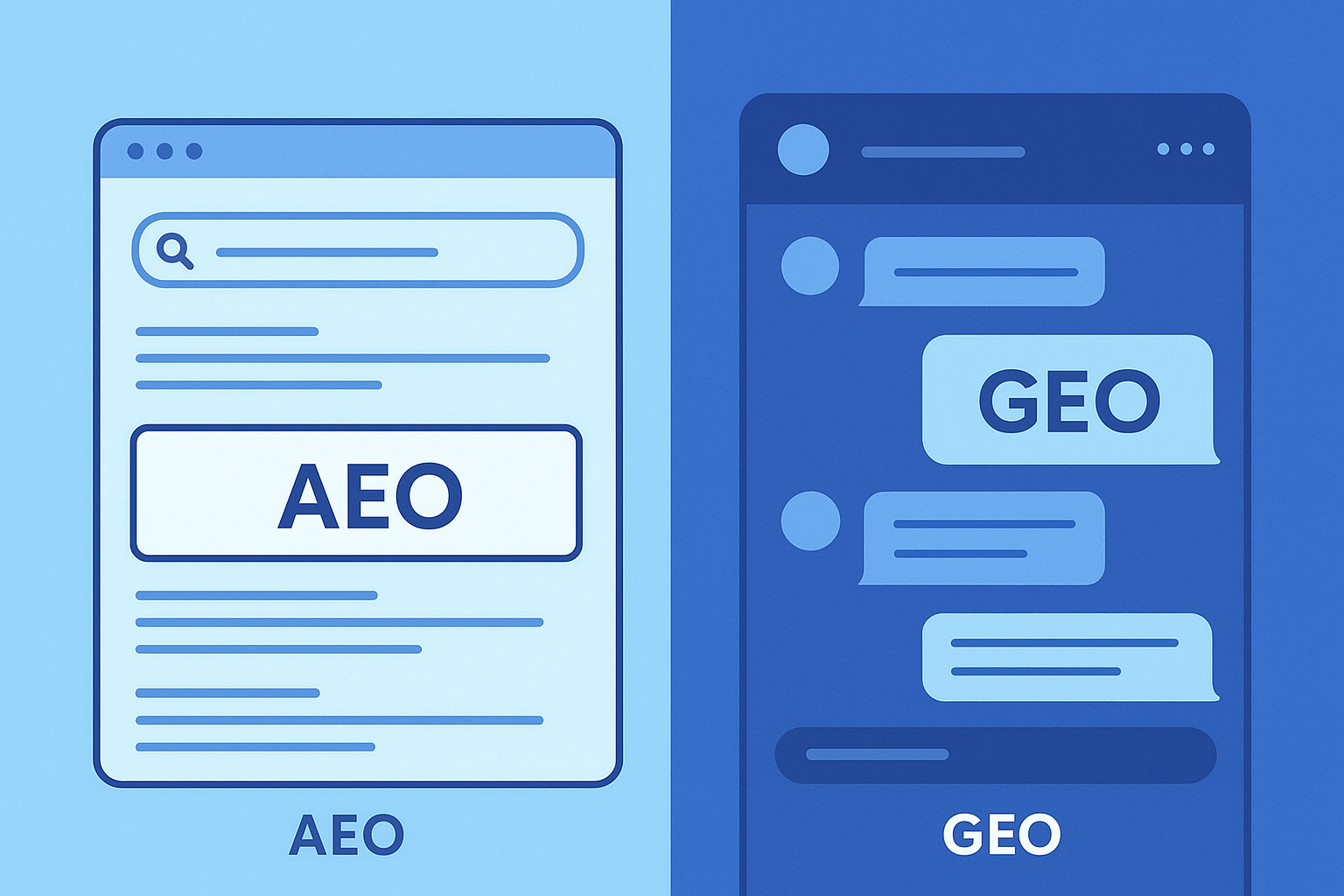Diagram comparing AEO vs GEO showing answer engine optimization versus generative engine optimization pathways