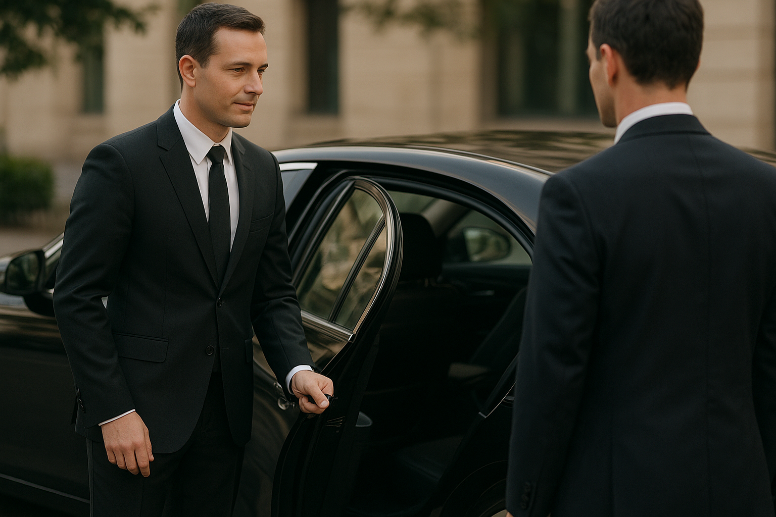 Professional chauffeur opening the door of a luxury sedan for a client