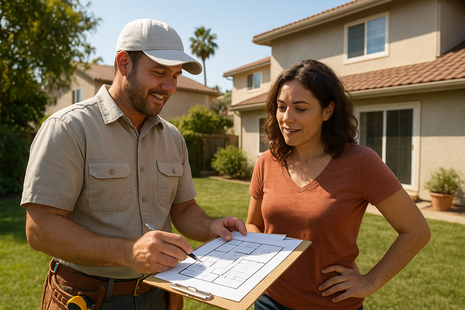 Contractor and homeowner reviewing a custom ADU floor plan during a site assessment in Southern California