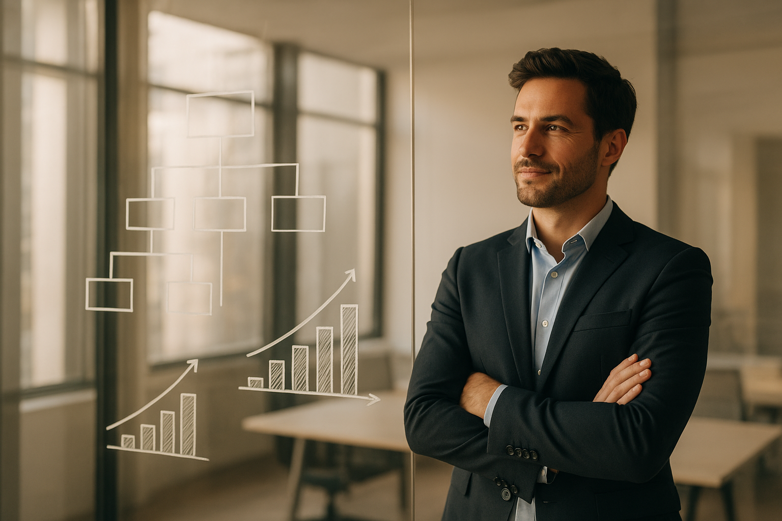 Organizational development strategist reviewing company structure charts in a modern office