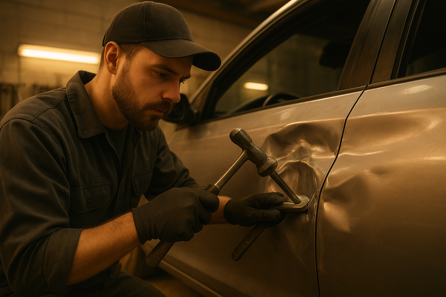 Certified technician performing panel repairs near me on a damaged car door in a professional auto body shop