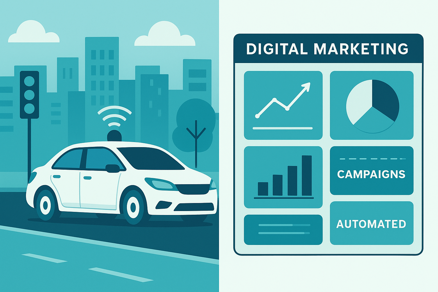 AI autopilot applications in autonomous vehicles and digital marketing automation side by side