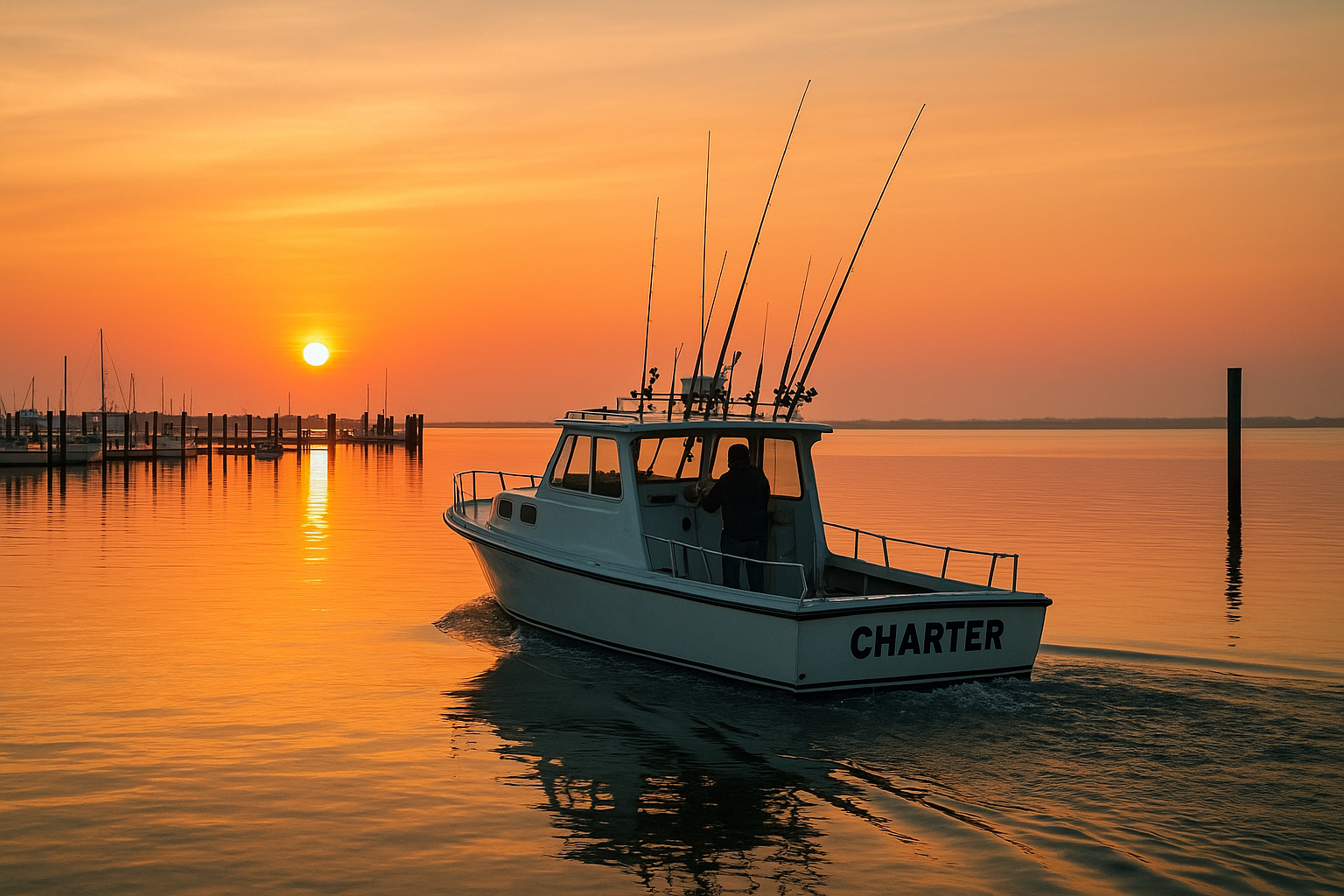 Charter boat leaving marina at sunrise before a Myrtle Beach deep sea fishing trip