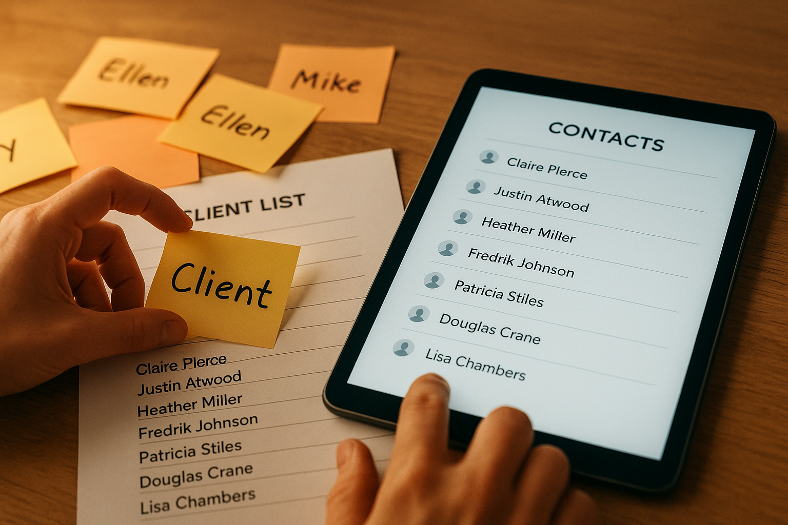Transition from paper notes to a digital contact list representing CRM migration for small teams